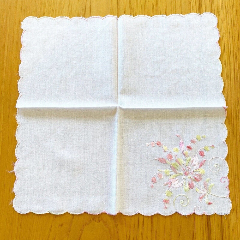 Vintage Handkerchief Hanky Embroidered Pink Green Flowers Scalloped Edge 10" - Picture 2 of 5